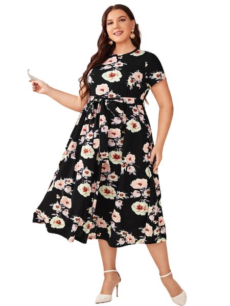 plus floral print self belted dress q0cy#, Black 
plus floral print self belted dress q0cy#, Black
