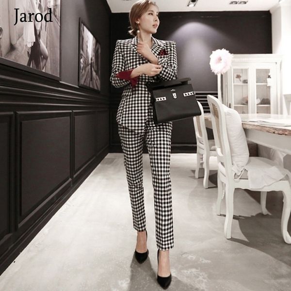 

fashion business pant suits formal women plaid singlebreasted jacket and long blazer set women office ol 2 pieces suit 210526, White