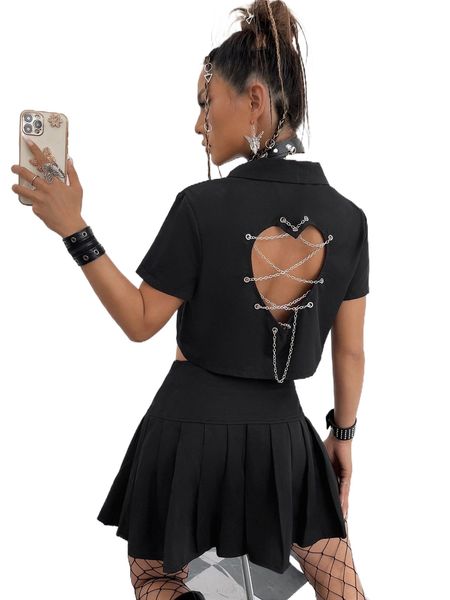 cut out grommet chain lace up crop blouse q0d6#, White