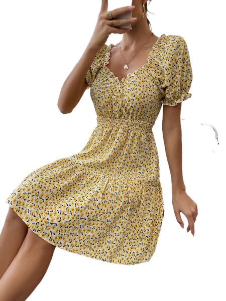 ditsy floral puff sleeve shirred waist ruffle hem dress 54nj#, Black;gray
ditsy floral puff sleeve shirred waist ruffle hem dress 54nj#, Black;gray