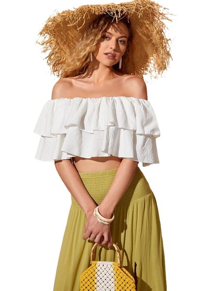 off shoulder ruffle layered n7z2#, White