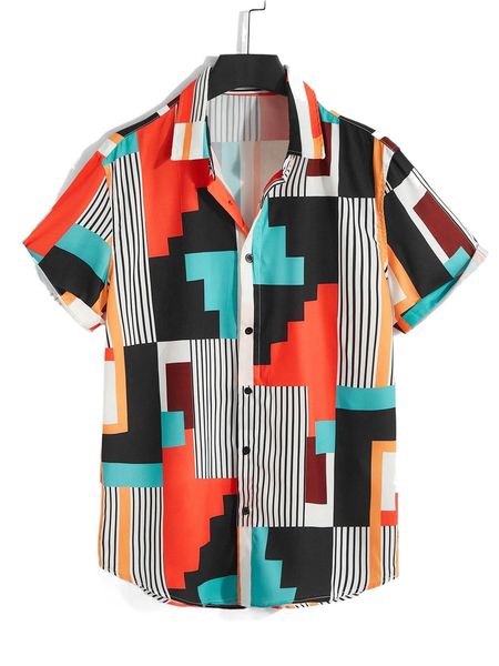 men striped & geo print shirt i9o6#, White;black
