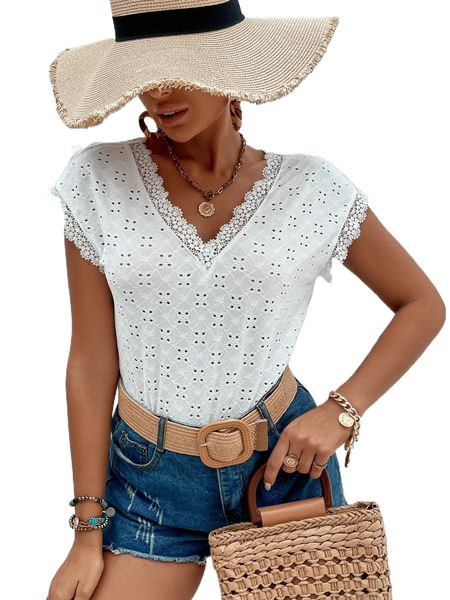 eyelet embroidery v neck tee 223x#, White 
eyelet embroidery v neck tee 223x#, White