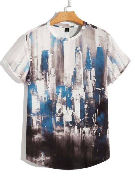 men building print tee 393b#, White;black 
men building print tee 393b#, White;black