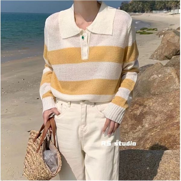 women's polos spring and summer color striped knitted pullover casual versatile college style contrast long sleeved t-shirt ai91, White
women's polos spring and summer color striped knitted pullover casual versatile college style contrast long sleeved t-shirt ai91, White