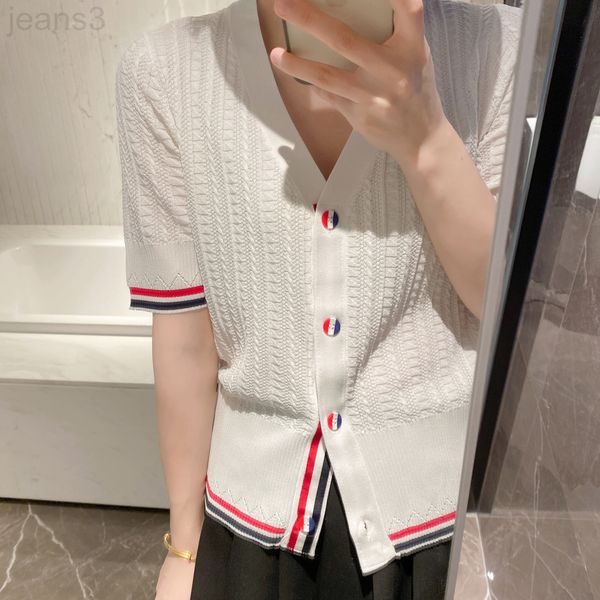 women's t-shirt designer tb 22 spring and summer ice hemp v-neck sweater female slim simple breathable color button short sleeve cardig, White
women's t-shirt designer tb 22 spring and summer ice hemp v-neck sweater female slim simple breathable color button short sleeve cardig, White