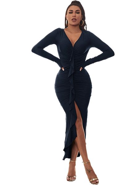 draped front ruched split thigh dress w8nh#, Black;gray
