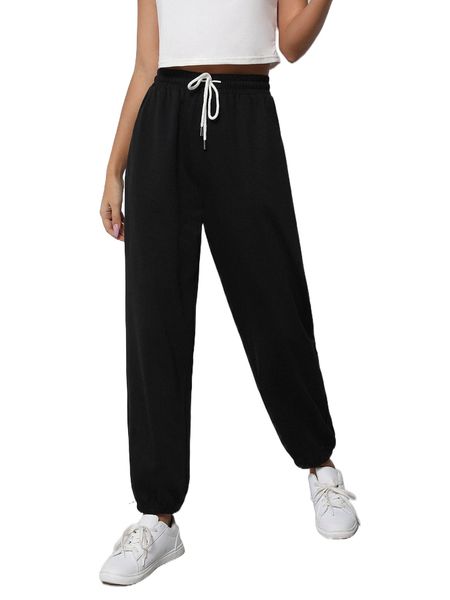 solid drawstring waist slant pocket sweatpants w18e#, Black;white 
solid drawstring waist slant pocket sweatpants w18e#, Black;white