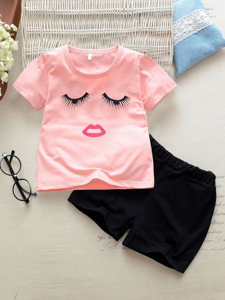 toddler girls eyes & lip print tee with shorts she, White