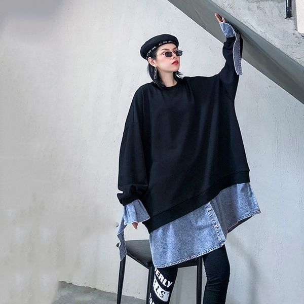 eam loose fit black denim irregular long sweatshirt round neck long sleeve women big size fashion spring 1y706 201203
eam loose fit black denim irregular long sweatshirt round neck long sleeve women big size fashion spring 1y706 201203