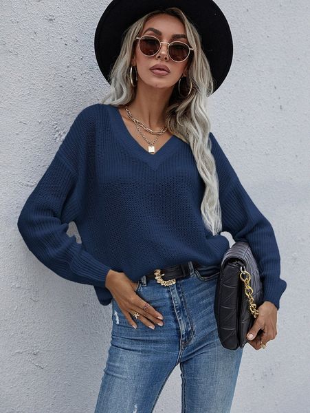 solid drop shoulder v-neck sweater a93f#, White;black