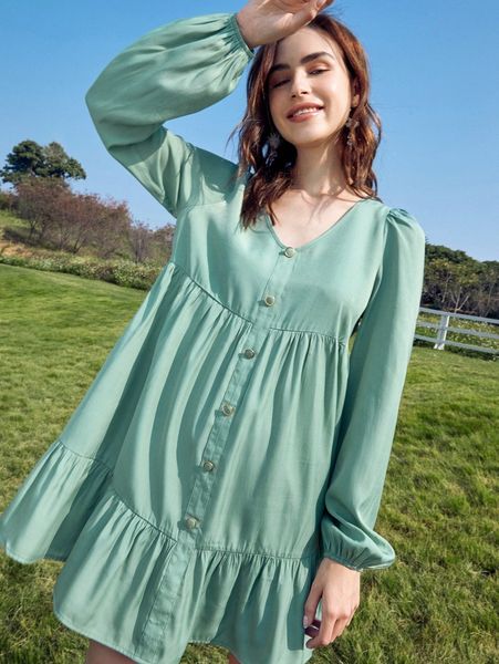 ruffle hem button front v-neck smock dress f29k#, Black;gray
ruffle hem button front v-neck smock dress f29k#, Black;gray