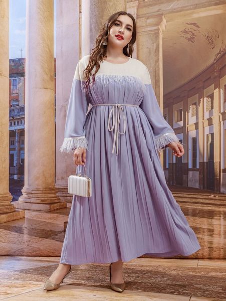 plus two tone fringe trim pleated belted dress r1qk#, Black