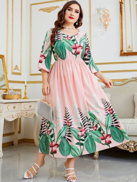 plus tropical print dress j5l4#, Black