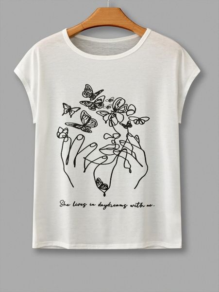 abstract figure & butterfly print dolman sleeve tee v0jl#, White