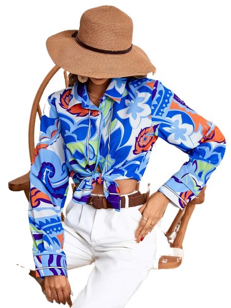 floral print button front shirt 60x0#, White