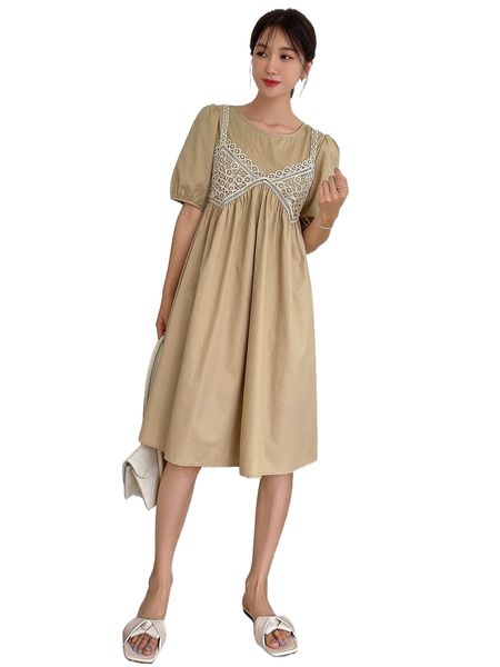 dazy guipure lace panel puff sleeve tie back dress d4sb#, Black;gray 
dazy guipure lace panel puff sleeve tie back dress d4sb#, Black;gray