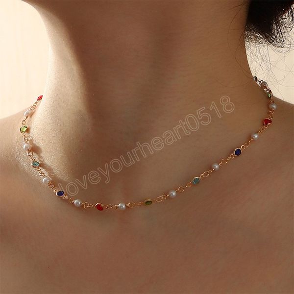 boho simple imitation pearl colored crystal stitching clavicle choker necklace women gold metal collar girls fashion jewelry gift, Golden;silver 
boho simple imitation pearl colored crystal stitching clavicle choker necklace women gold metal collar girls fashion jewelry gift, Golden;silver