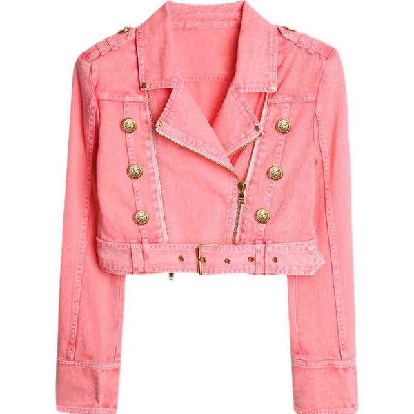 pink denim jacket short 2022 spring female jacket golden lion button slim double zipper sloping denim short motorcycle jacket new j220813, White;black
pink denim jacket short 2022 spring female jacket golden lion button slim double zipper sloping denim short motorcycle jacket new j220813, White;black