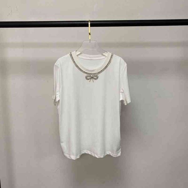 women's t-shirt spring and summer round neck nail bead bow tie versatile thin short sleeve t-shirt fashion, White
women's t-shirt spring and summer round neck nail bead bow tie versatile thin short sleeve t-shirt fashion, White
