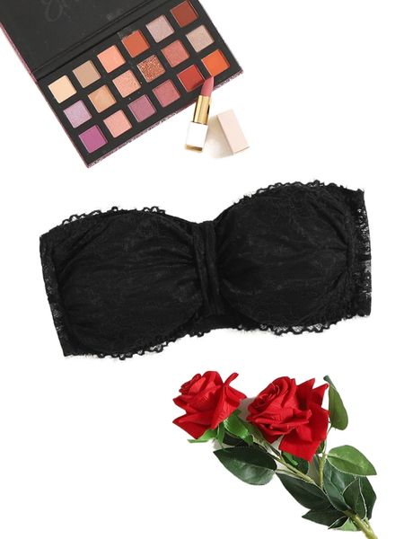 plus eyelash lace panel strapless bralette m6d8#, Black;white