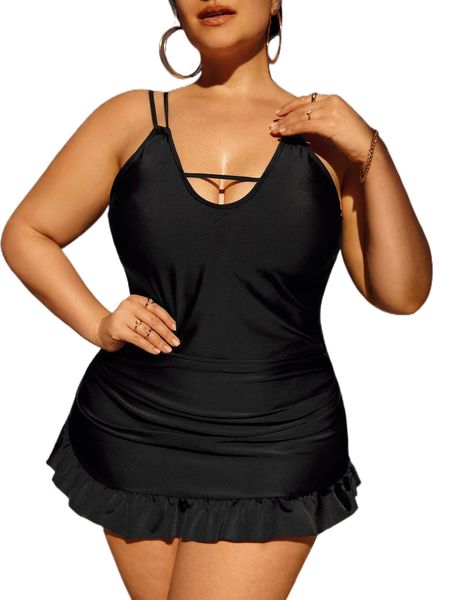 plus cut out ruffle hem high waist bikini swimsuit h8to#, White;black