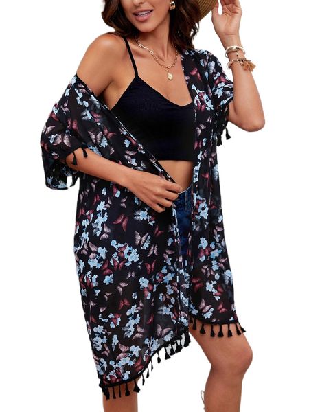 floral & butterfly print tassel trim batwing sleeve chiffon kimono i5ql#, White;black 
floral & butterfly print tassel trim batwing sleeve chiffon kimono i5ql#, White;black