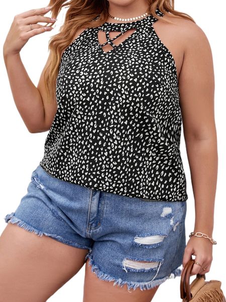 plus allover print crisscross keyhole back halter z58e#, Black
