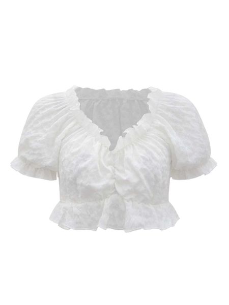 frill trim ruffle hem blouse s8vu#, White
frill trim ruffle hem blouse s8vu#, White