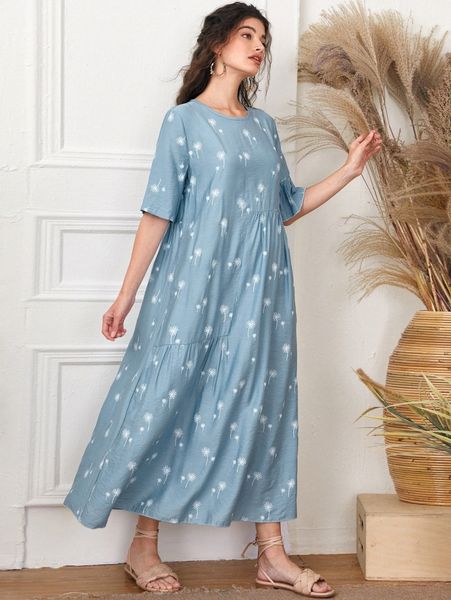 dandelion print flounce sleeve smock dress t3yl#, Black;gray