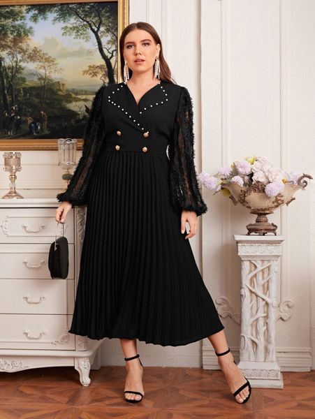 plus double button pleated hem appliques lace dress t3c6#, Black
plus double button pleated hem appliques lace dress t3c6#, Black