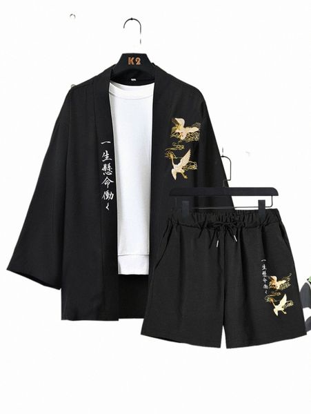 men crane & japanese letter graphic kimono & drawstring waist shorts without tee 17il#, Gray
men crane & japanese letter graphic kimono & drawstring waist shorts without tee 17il#, Gray