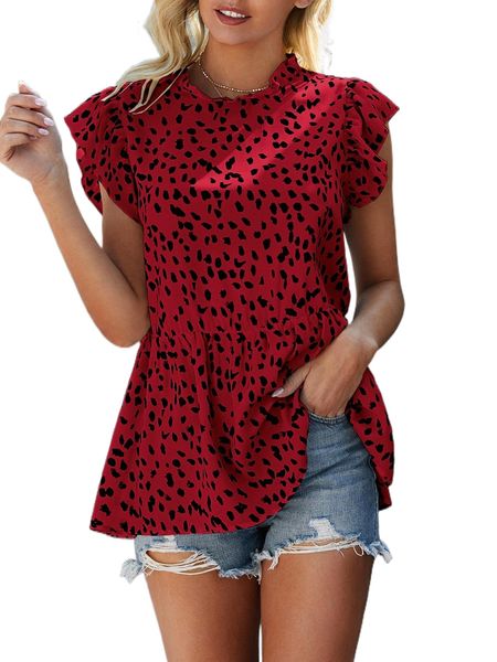 dalmatian print ruffle trim lettuce neck peplum blouse u1x5#, White
dalmatian print ruffle trim lettuce neck peplum blouse u1x5#, White