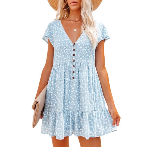 women summer tunic casual dresses v-neck short sleeve button printed floral loose mini dress, Black;gray
women summer tunic casual dresses v-neck short sleeve button printed floral loose mini dress, Black;gray