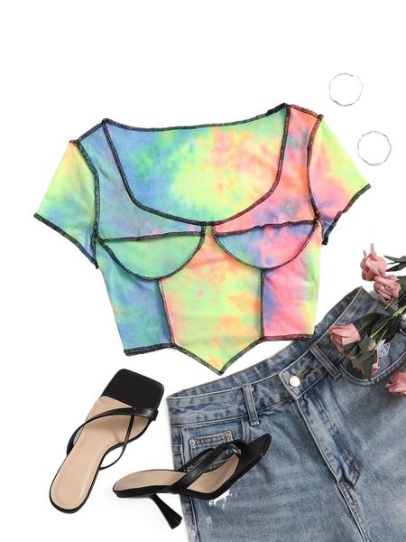 tie dye titching crop tee v4sh#, White