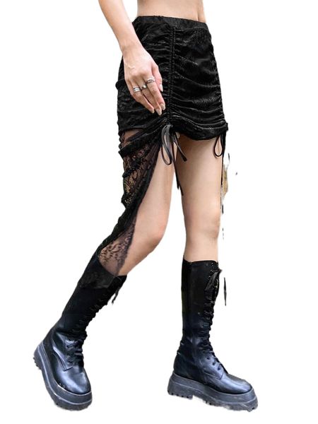 drawstring ruched asymmetrical hem lace skirt h5ms#, Black 
drawstring ruched asymmetrical hem lace skirt h5ms#, Black