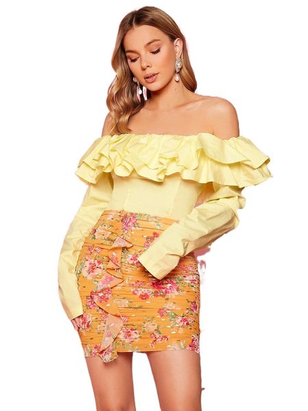 allover floral print ruffle trim skirt t885#, Black