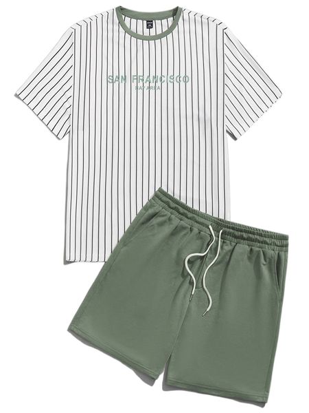 extended sizes men striped & letter graphic contrast binding tee & drawstring waist shorts 95k7#, Gray
extended sizes men striped & letter graphic contrast binding tee & drawstring waist shorts 95k7#, Gray
