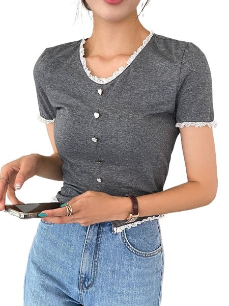 dazy lace trim button front tee z1gu#, White