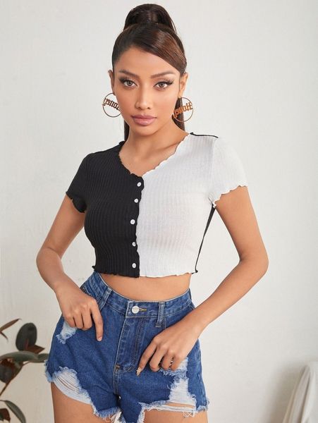 petite lettuce trim button front t-shirt 055r#, White