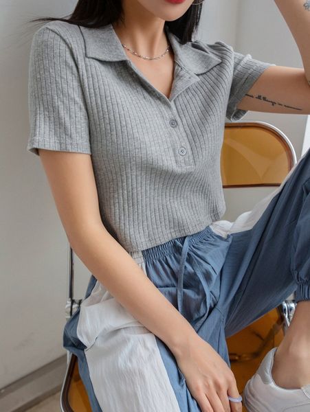 dazy polo neck ribbed knit tee t5sv#, White