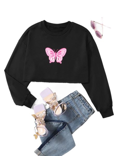 butterfly print drop shoulder crop pullover r25g#, Black