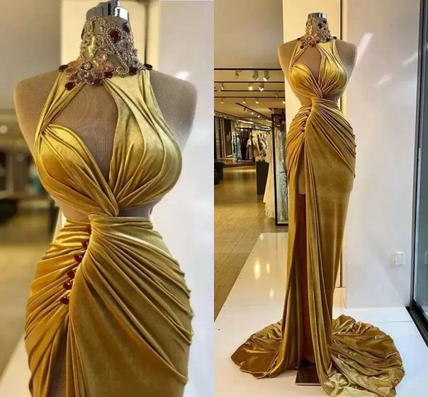 2022 gold velvet prom dresses elegant ruched long sweep train mermaid evening party gowns side slit high neck crystals beading sle7502541, Black
2022 gold velvet prom dresses elegant ruched long sweep train mermaid evening party gowns side slit high neck crystals beading sle7502541, Black