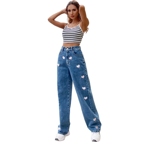 women's jeans casual loose love pattern straight tube floor mopping denim pants fashion slim design, Blue 
women's jeans casual loose love pattern straight tube floor mopping denim pants fashion slim design, Blue
