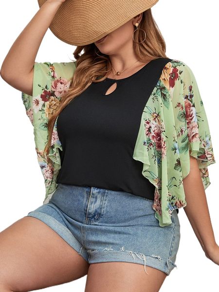 plus floral print butterfly sleeve blouse 69st#, Black 
plus floral print butterfly sleeve blouse 69st#, Black