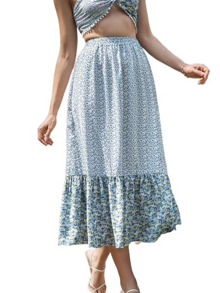 ditsy floral ruffle hem skirt w3bq#, Black