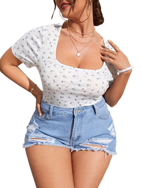 plus ditsy floral print square neck tee j6bt#, Black
