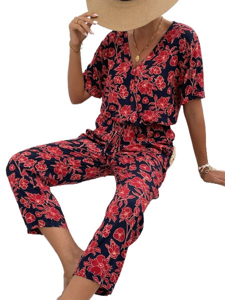 floral print tie front jumpsuit h57l#, Black;white