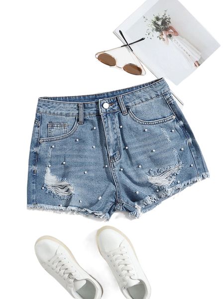 pearl detail ripped raw hem denim shorts k98q#, White;black
pearl detail ripped raw hem denim shorts k98q#, White;black