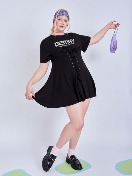plus slogan graphic lace up dress 82ps#, Black